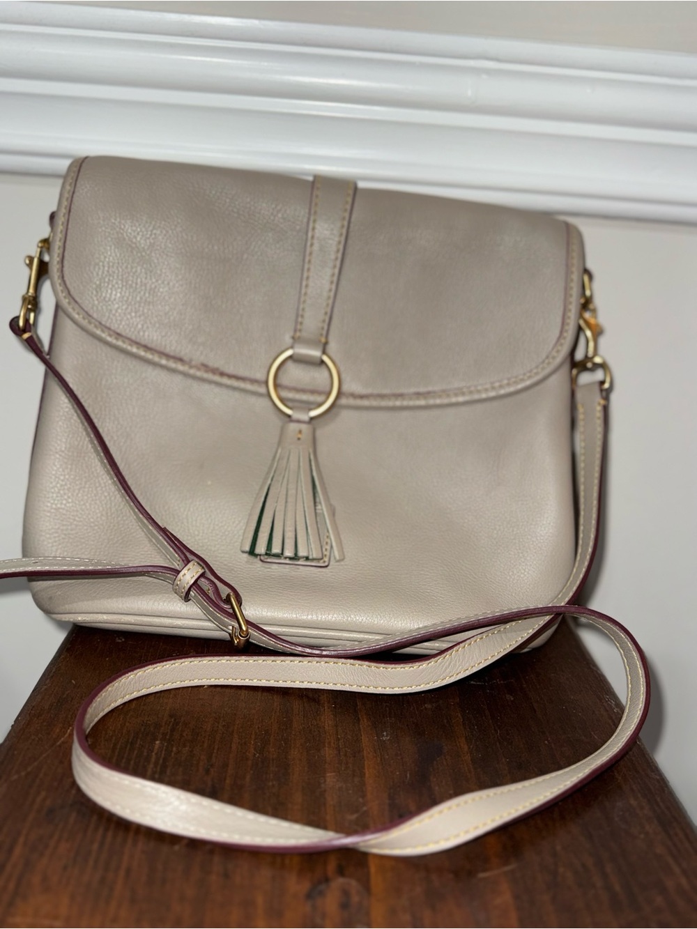Dooney & Bourke Taupe Leather Crossbody with Tassel and Gold Ring